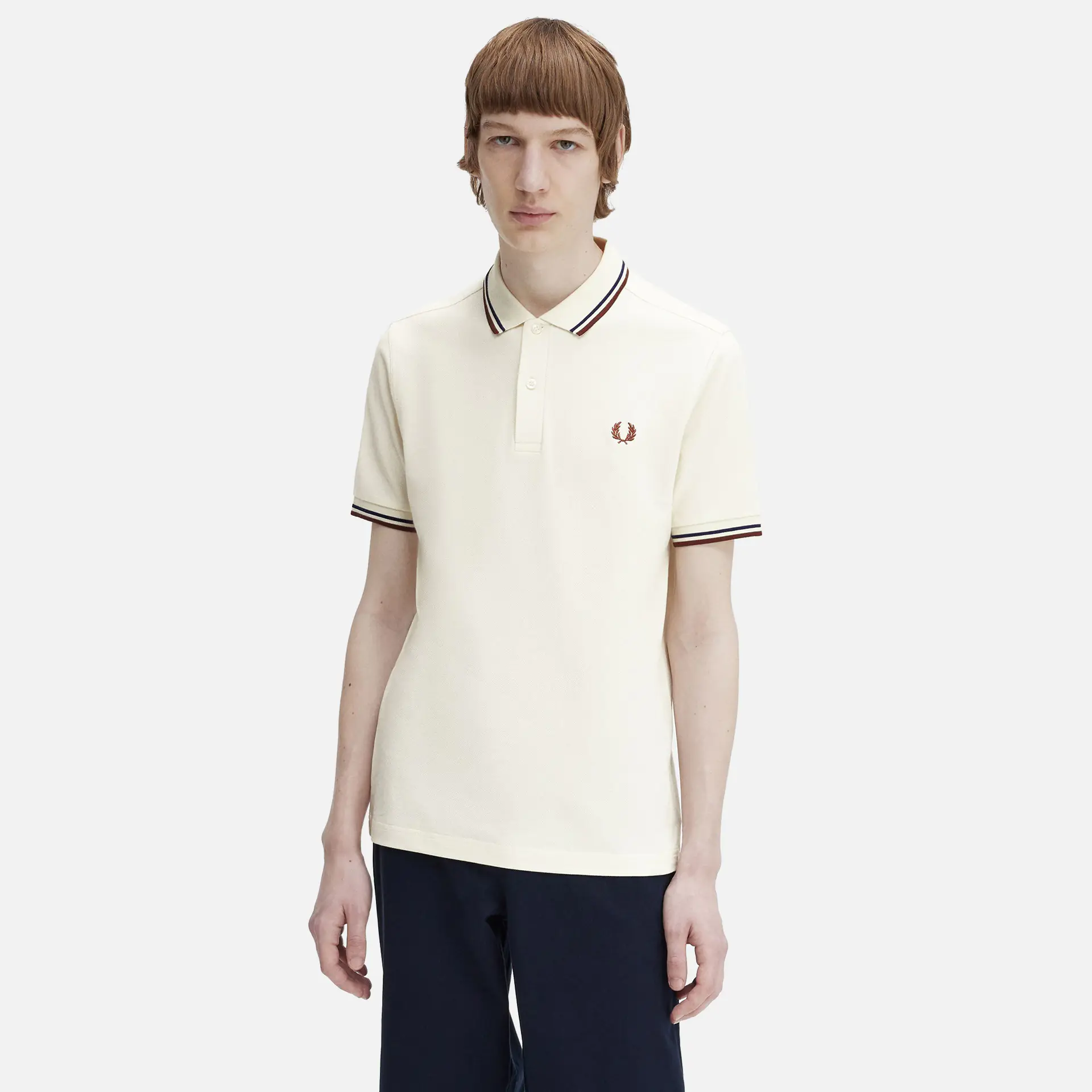Fred Perry Twin Tipped Polo Shirt Ercu/Navy/Whiskey Brown